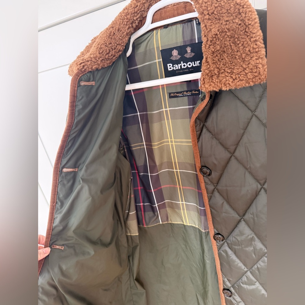 Barbour Olive Green Quilted Trench Coat with Brown Trim - Picture 3 of 7